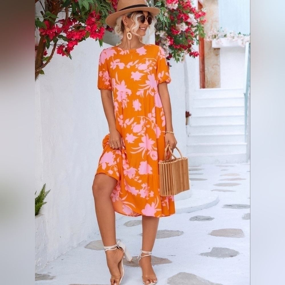 Floral Hawaiian Vibe Puff Sleeve Ruffle Orange Pink Dress Midi M Travel Bold